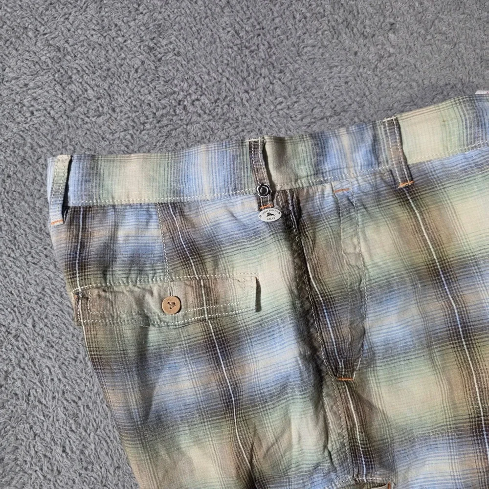 Tommy Bahama Mens 30 Relax Shorts Blue Green Plaid 100% Linen Drawstring Cargo